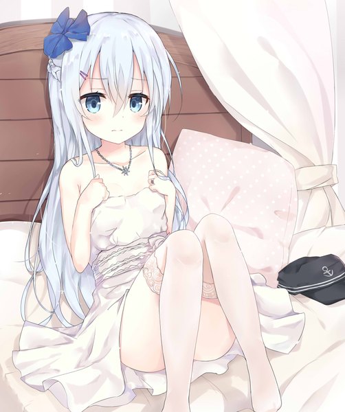 Anime picture 1800x2148 with kantai collection hibiki destroyer huwari (dnwls3010) single long hair tall image looking at viewer blush fringe highres blue eyes light erotic hair between eyes bare shoulders silver hair embarrassed hand on chest girl thighhighs dress