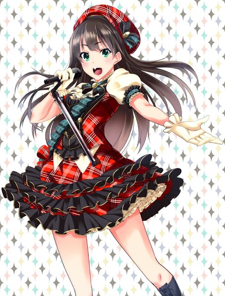 Anime picture 760x1000 with idolmaster idolmaster cinderella girls shibuya rin beniimo danshaku single long hair tall image blush open mouth black hair green eyes pure valentine girl dress gloves frills beret microphone