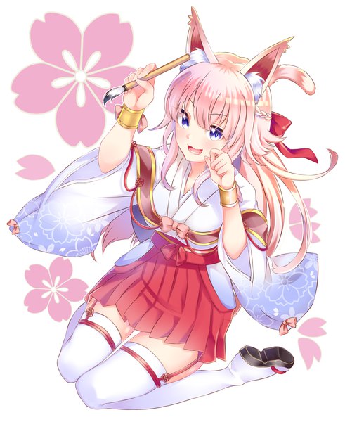 Anime picture 974x1190 with original mashiro aa single long hair tall image looking at viewer blush fringe open mouth smile hair between eyes sitting purple eyes animal ears payot pink hair full body tail traditional clothes :d