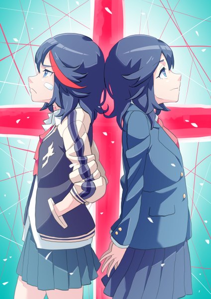 Anime picture 905x1280 with kill la kill studio trigger matoi ryuuko ginshio tall image fringe short hair blue eyes standing blue hair profile pleated skirt multicolored hair open clothes open jacket two-tone hair streaked hair looking up hands behind back hands in pockets