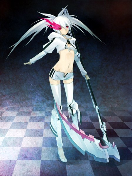 Anime picture 600x800 with black rock shooter white rock shooter yasu (yossy) single long hair tall image looking at viewer twintails white hair pink eyes outstretched arm glowing glowing eye (eyes) checkered floor floor open shorts girl thighhighs weapon white thighhighs