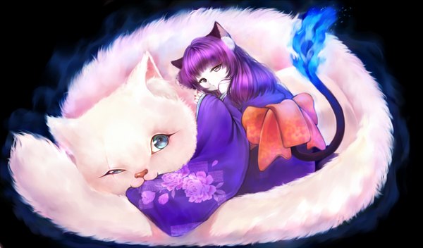 Anime picture 1800x1056 with original mochisuni (artist) long hair looking at viewer highres blue eyes wide image purple eyes animal ears purple hair long sleeves nail polish japanese clothes cat ears cat tail heterochromia girl kimono cat flame