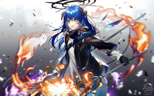 Anime picture 1200x750 with arknights mostima (arknights) umeno shii single looking at viewer fringe blue eyes hair between eyes signed blue hair horn (horns) open jacket twitter username elite ii (arknights) girl gloves wings jacket halo fire