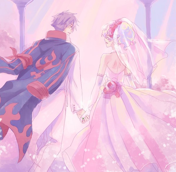 Anime picture 1626x1590 with tengen toppa gurren lagann gainax nia teppelin simon m hisui short hair pink hair purple hair from behind couple back holding hands happy alternate hairstyle clothes on shoulders alternate age hair up wedding girl dress