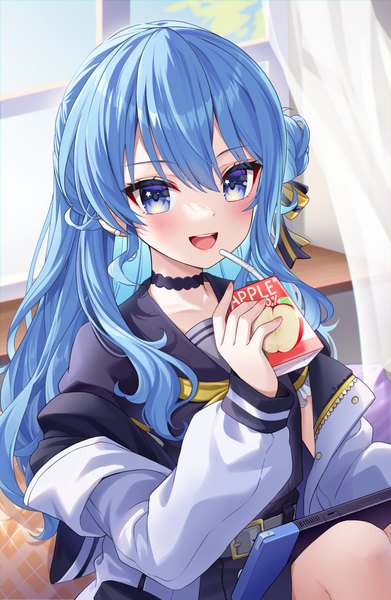 Anime picture 1630x2500 with virtual youtuber hololive nintendo hoshimachi suisei hoshimachi suisei (school uniform) moorina single long hair tall image looking at viewer blush fringe breasts open mouth blue eyes smile hair between eyes sitting holding blue hair