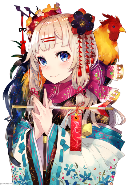 Anime picture 768x1100 with original mika pikazo single long hair tall image looking at viewer blush fringe blue eyes blonde hair simple background smile white background twintails holding signed payot upper body long sleeves traditional clothes