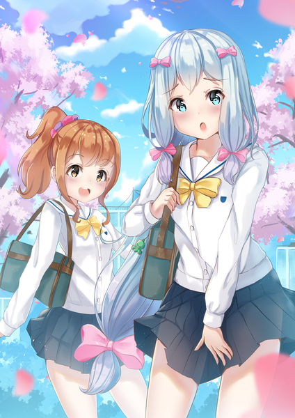 Anime picture 2480x3508 with eromanga sensei a-1 pictures izumi sagiri jinno megumi holmemee long hair tall image looking at viewer blush fringe highres open mouth smile brown hair standing multiple girls brown eyes payot sky silver hair