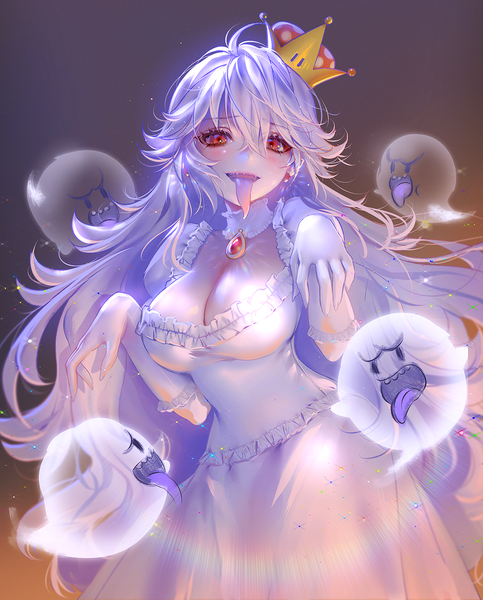 Anime picture 1100x1364 with super mario bros. new super mario bros. u deluxe princess king boo boo (mario) zenke single long hair tall image looking at viewer fringe breasts open mouth light erotic simple background hair between eyes red eyes large breasts payot cleavage silver hair