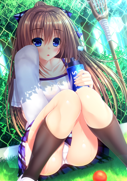 Anime picture 899x1275 with original pocari sweat yunagi amane single long hair tall image looking at viewer blush fringe open mouth blue eyes light erotic hair between eyes brown hair outdoors pantyshot pantyshot sitting lacrosse girl skirt