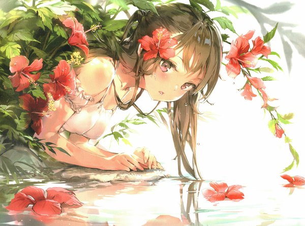 Anime picture 9755x7231 with original anmi single long hair looking at viewer blush fringe highres breasts open mouth simple background brown hair absurdres pink eyes hair flower scan wet reflection girl flower (flowers)
