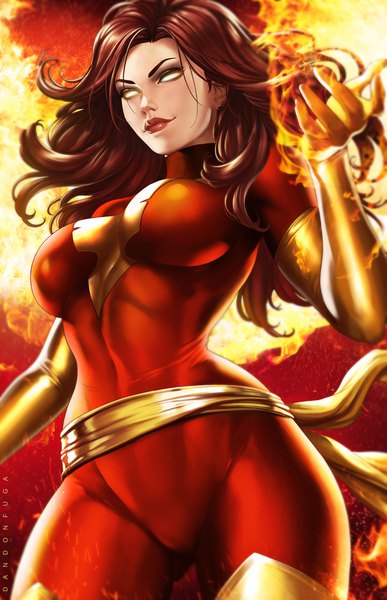 Anime picture 700x1086 with x-men marvel comics jean grey dandon fuga single long hair tall image looking at viewer fringe breasts light erotic brown hair yellow eyes lips realistic from below lipstick covered navel red lipstick skin tight