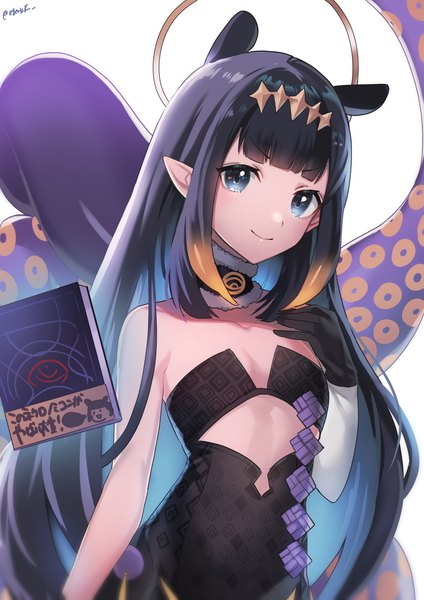 Anime picture 990x1400 with virtual youtuber hololive hololive english ninomae ina'nis ninomae ina'nis (1st costume) ao-chan (ninomae ina'nis) kgr single long hair tall image looking at viewer fringe blue eyes black hair smile animal ears upper body blunt bangs pointy ears flat chest