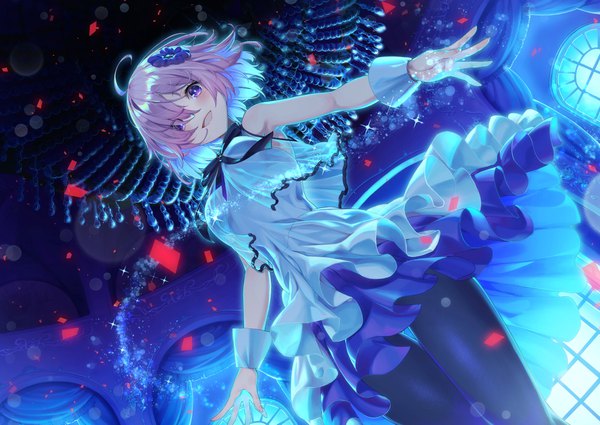 Anime picture 4000x2834 with fate (series) fate/grand order mash kyrielight kabu (niniko2ko) single looking at viewer blush fringe highres short hair open mouth smile absurdres purple hair full body ahoge :d hair flower hair over one eye night