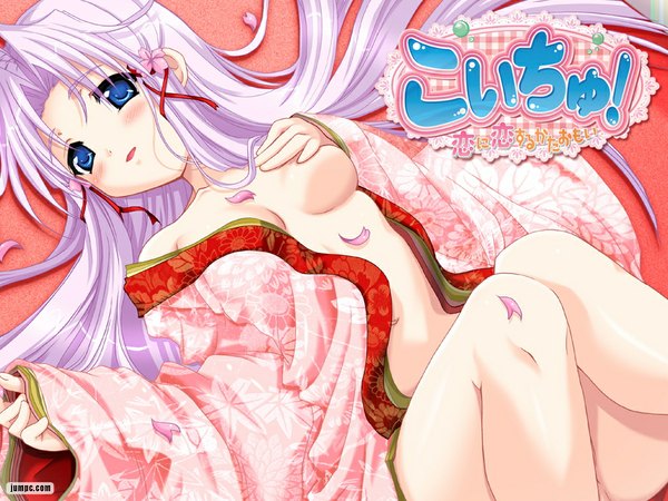 Anime picture 1024x768 with koichu! single long hair blush breasts open mouth blue eyes light erotic white hair japanese clothes open clothes cherry blossoms petals open kimono