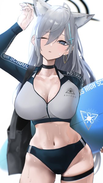 Anime picture 1648x2930 with blue archive shiroko (blue archive) shiroko terror (blue archive) kazane-wind single long hair tall image looking at viewer fringe breasts blue eyes light erotic simple background hair between eyes large breasts standing white background animal ears cleavage ahoge