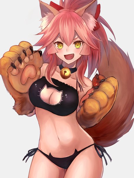 Anime picture 1090x1440 with fate (series) fate/grand order fate/extra tamamo (fate) (all) tamamo no mae (fate) tamamo cat (fate) yukihama single long hair tall image looking at viewer fringe breasts open mouth light erotic simple background hair between eyes white background animal ears yellow eyes