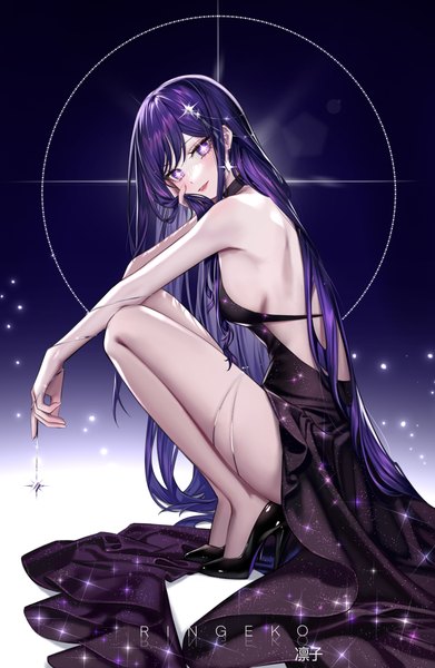 Anime picture 4000x6140 with oshi no ko hoshino ai (oshi no ko) ringeko-chan single tall image looking at viewer blush fringe highres breasts light erotic purple eyes bare shoulders signed absurdres purple hair full body bent knee (knees) very long hair sparkle