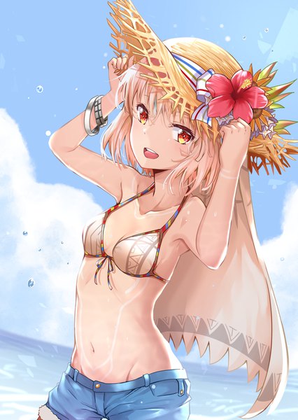 Anime picture 2930x4129 with fate (series) fate/grand order altera (fate) nyung single tall image looking at viewer blush fringe highres short hair breasts open mouth light erotic blonde hair smile hair between eyes red eyes standing sky
