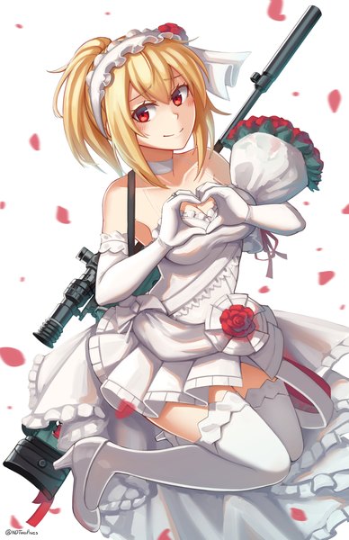 Anime picture 1650x2550 with girls frontline sv-98 (girls frontline) ndtwofives single tall image looking at viewer blush fringe short hair breasts simple background blonde hair smile hair between eyes red eyes white background bare shoulders signed bent knee (knees) ponytail