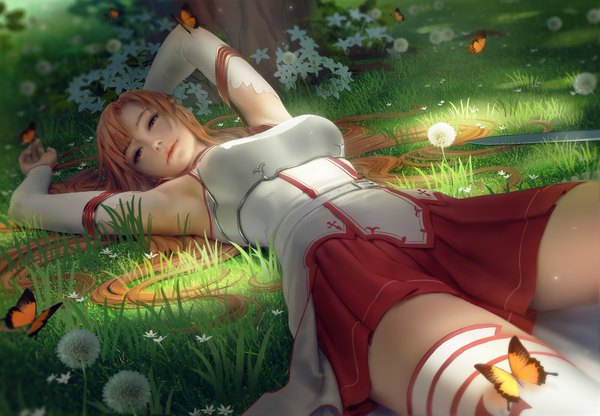 Anime picture 4000x2775 with sword art online a-1 pictures yuuki asuna zarory single long hair looking at viewer fringe highres breasts brown hair brown eyes absurdres outdoors lying pleated skirt lips realistic arms up armpit (armpits)