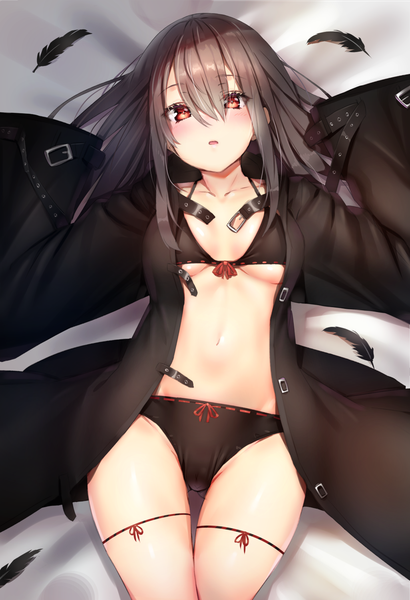 Anime picture 1026x1500 with original reinama single long hair tall image looking at viewer blush fringe breasts open mouth light erotic black hair hair between eyes red eyes payot cleavage lying open clothes arms up on back