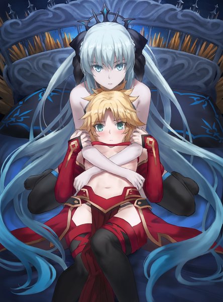 Anime picture 2190x2959 with fate (series) fate/apocrypha mordred (fate) morgan le fay (fate) tonee tall image looking at viewer blush highres short hair breasts light erotic blonde hair sitting multiple girls silver hair full body indoors lying very long hair