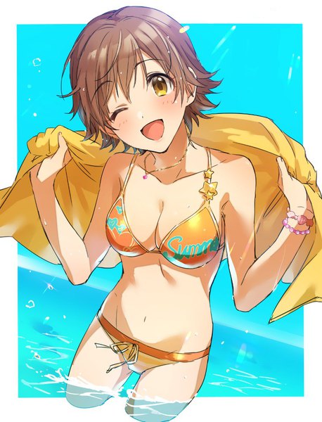 Anime picture 764x1000 with idolmaster idolmaster cinderella girls honda mio zattape single tall image looking at viewer blush fringe short hair open mouth light erotic smile hair between eyes brown hair standing holding yellow eyes cleavage one eye closed