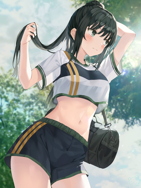 Anime picture 900x1200 with original ruda (ruda e) single long hair tall image blush fringe breasts black hair standing payot looking away sky outdoors ponytail arm up aqua eyes sunlight blurry bare belly
