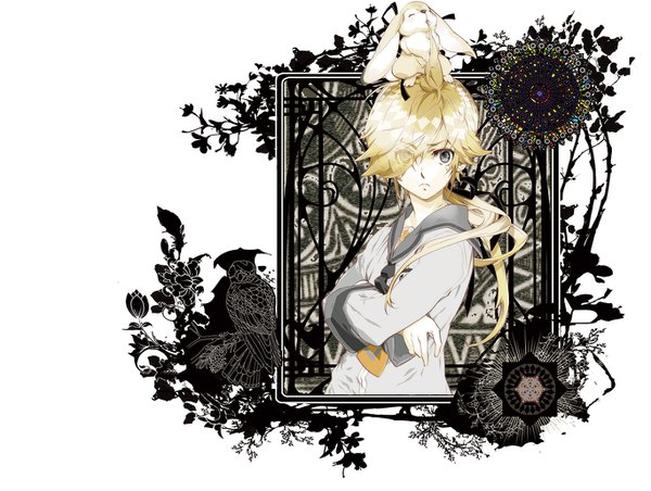 Anime picture 1366x1030 with haitaka no psychedelica usagi (haitaka no psychedelica) elric (haitaka no psychedelica) yuiga satoru single long hair fringe blonde hair looking away hair over one eye grey eyes low ponytail crossed arms animal on head boy uniform animal serafuku bunny