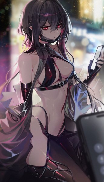 Anime picture 889x1556 with original ness (pjw0168) long hair tall image looking at viewer fringe breasts light erotic black hair hair between eyes red eyes bare shoulders holding outdoors nail polish parted lips multicolored hair fingernails pointy ears blurry