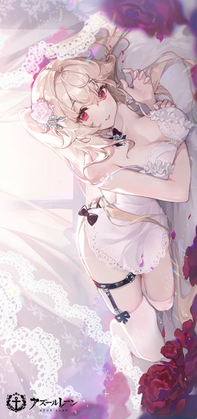 Anime picture 1000x2125 with azur lane anchorage (azur lane) ttosom single long hair tall image looking at viewer blush fringe breasts light erotic smile hair between eyes red eyes brown hair large breasts cleavage full body lying parted lips