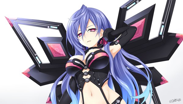 Anime picture 7200x4100 with choujigen game neptune iris heart alexstardust31 single long hair looking at viewer blush fringe highres breasts open mouth light erotic simple background hair between eyes wide image large breasts standing white background signed absurdres