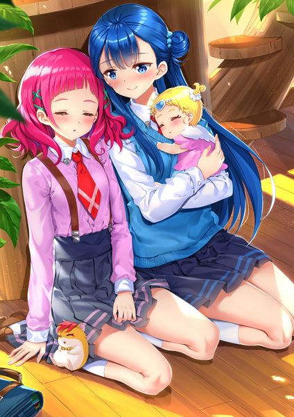 Anime picture 1102x1560 with precure hugtto! precure yakushiji saaya nono hana hug-tan (precure) harryham harry swordsouls long hair tall image blush short hair blue eyes blonde hair smile sitting multiple girls blue hair pink hair eyes closed pleated skirt