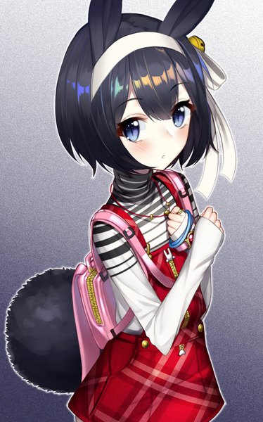 Anime picture 696x1116 with original the cold single tall image looking at viewer blush fringe short hair blue eyes black hair simple background hair between eyes animal ears tail long sleeves parted lips animal tail from above :o bunny ears