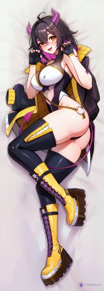 Anime picture 1365x3800 with virtual youtuber indie virtual youtuber rainhoe clickdraws single tall image looking at viewer blush fringe short hair breasts open mouth light erotic black hair smile hair between eyes large breasts yellow eyes purple hair full body