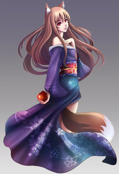 Anime picture 698x1020 with spice and wolf horo nobody studios single long hair tall image looking at viewer fringe breasts simple background hair between eyes red eyes brown hair bare shoulders holding animal ears tail traditional clothes parted lips japanese clothes