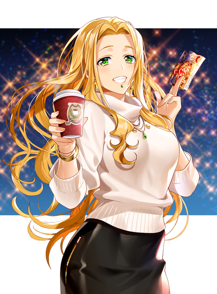 Anime picture 888x1200 with fate (series) fate/grand order quetzalcoatl (fate) murakami yuichi single long hair tall image looking at viewer blush smile standing holding green eyes parted lips night sparkle depth of field night sky grin facial mark