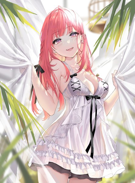 Anime picture 1447x1962 with original okuma mai single long hair tall image looking at viewer blush fringe breasts open mouth light erotic smile large breasts standing bare shoulders holding pink hair cleavage blunt bangs braid (braids)