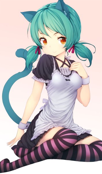 Anime picture 738x1250 with original zizi (zz22) single long hair tall image looking at viewer smile twintails animal ears tail animal tail green hair cat ears cat girl cat tail orange eyes short twintails girl thighhighs dress
