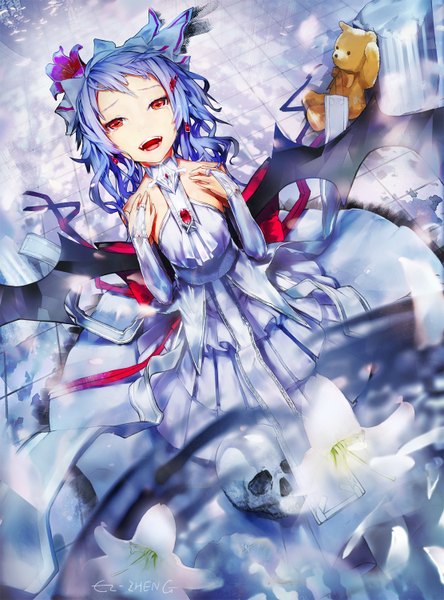 Anime picture 1112x1500 with touhou remilia scarlet el-zheng single long hair tall image open mouth red eyes bare shoulders signed blue hair hair flower from above teeth fang (fangs) tears bat wings girl gloves hair ornament