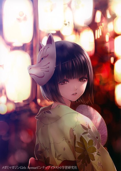 Anime picture 1235x1750 with original megami magazine girl's avenue kiyohara hiro single tall image looking at viewer short hair black hair red eyes holding outdoors traditional clothes japanese clothes looking back from behind inscription night back pale skin