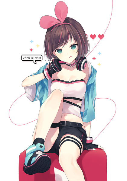 Anime picture 910x1300 with virtual youtuber a.i. channel kizuna ai kizuna ai (a.i. games) silltare single tall image looking at viewer short hair simple background brown hair white background green eyes cleavage multicolored hair arm support midriff streaked hair leg lift (legs lift) headphones around neck
