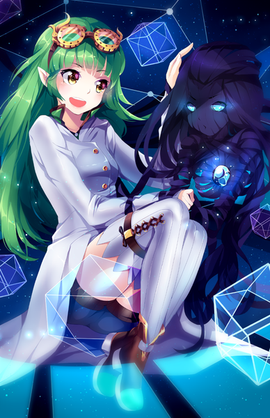 Anime picture 809x1250 with original squchan long hair tall image blush open mouth blue eyes smile multiple girls yellow eyes purple hair bent knee (knees) green hair pointy ears goggles on head girl thighhighs 2 girls white thighhighs star (stars)