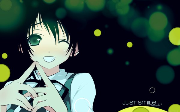 Anime picture 2560x1600 with original kantoku single looking at viewer highres short hair black hair smile wide image green eyes signed one eye closed wink inscription wallpaper dark background abstract uniform school uniform