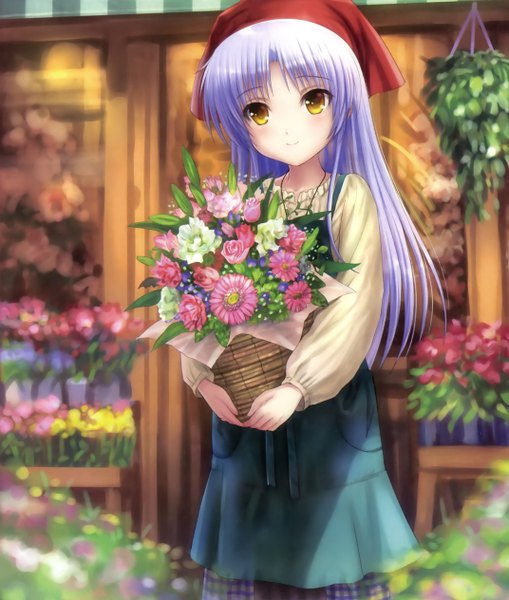 Anime picture 1072x1264 with angel beats! key (studio) tachibana kanade goto p single long hair tall image looking at viewer blush highres smile yellow eyes white hair scan official art girl dress flower (flowers) apron basket