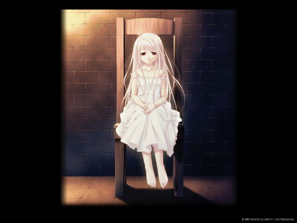 Anime picture 1600x1200 with white clarity rino (white clarity) single long hair looking at viewer red eyes sitting signed full body white hair indoors barefoot letterboxed strap slip brick wall girl dress white dress chair wall