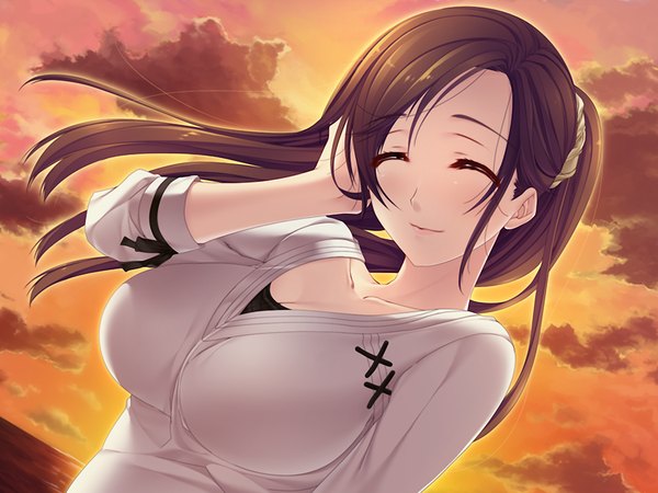 Anime picture 1024x768 with motto nee, chanto shiyou yo! afterstory ichijou fuuko long hair breasts light erotic brown hair large breasts game cg eyes closed evening sunset girl