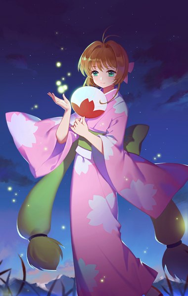 Anime picture 2000x3161 with card captor sakura clamp kinomoto sakura duximeng single tall image blush highres short hair brown hair standing holding green eyes looking away ahoge outdoors traditional clothes japanese clothes night wide sleeves