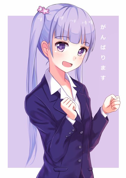 Anime picture 905x1280 with new game! doga kobo suzukaze aoba itachi kanade single long hair tall image looking at viewer blush fringe open mouth simple background purple eyes twintails purple hair upper body blunt bangs purple background formal girl