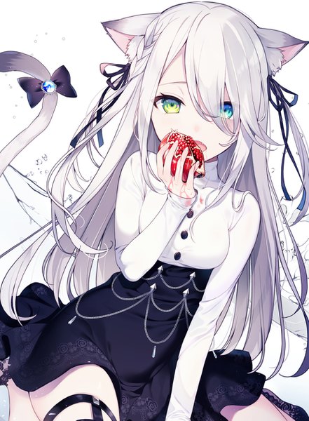 Anime picture 928x1263 with original kat (bu-kunn) single long hair tall image looking at viewer blush fringe breasts open mouth blue eyes simple background hair between eyes white background sitting holding green eyes animal ears silver hair tail